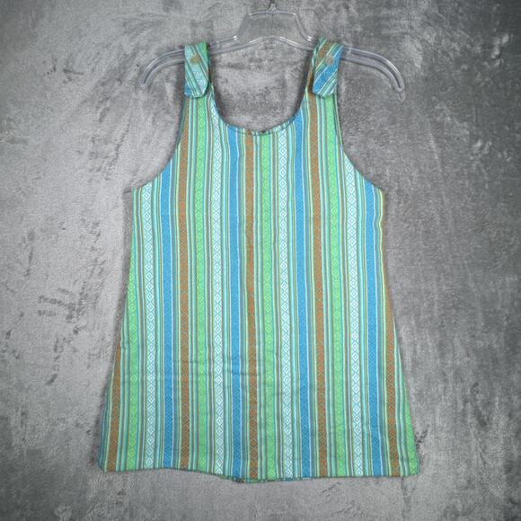 Handmade Dress Medium Green Blue Boho Hippie Striped Tunic Festival Sleeveless - Picture 2 of 8